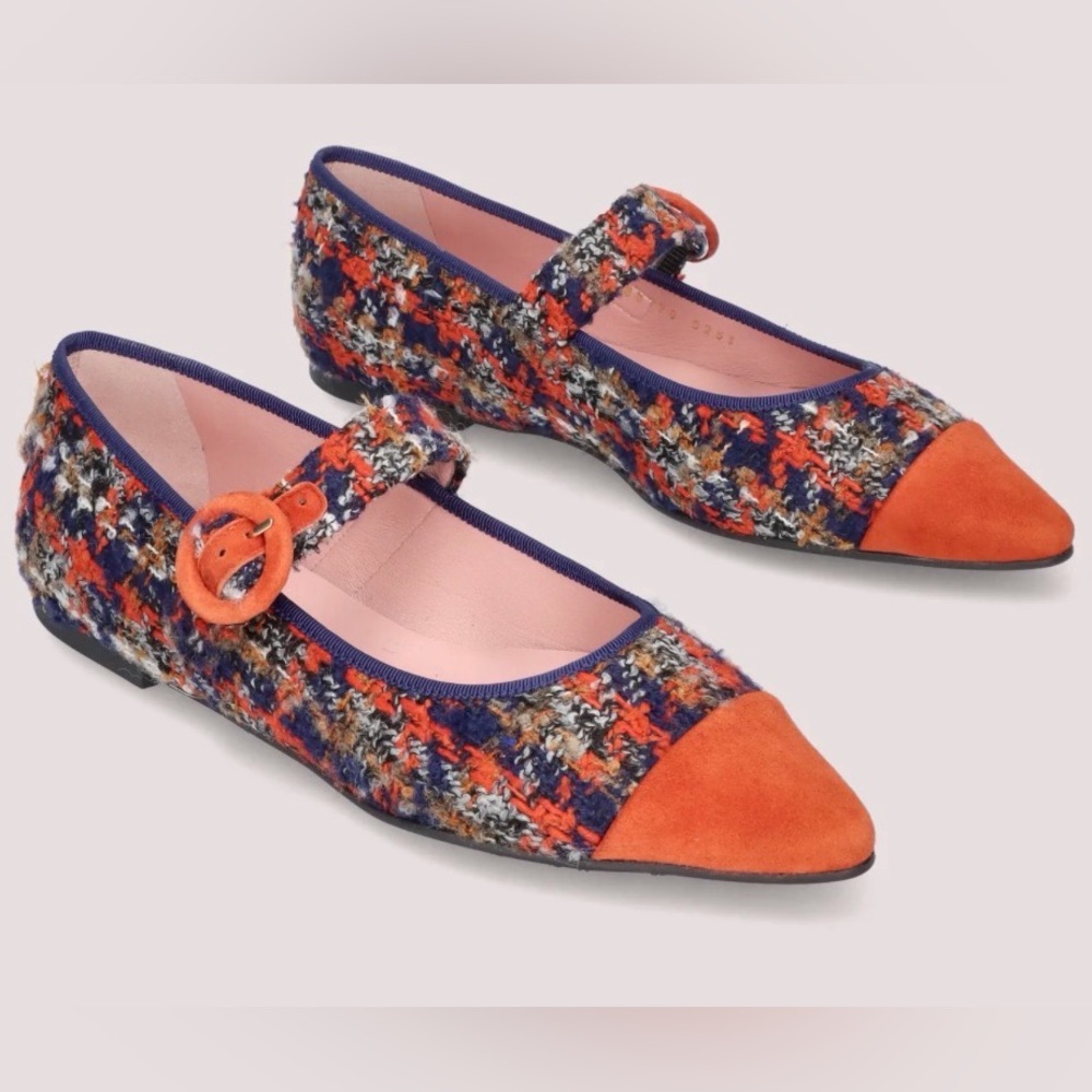 Pretty Ballerinas Multicolor Tweed Mary Janes with Orange Suede Cap